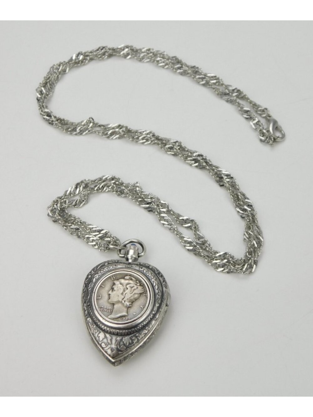 American Historical Society 1940 Mercury Dime Silver Locket Watch Necklace 30” - Picture 4 of 7